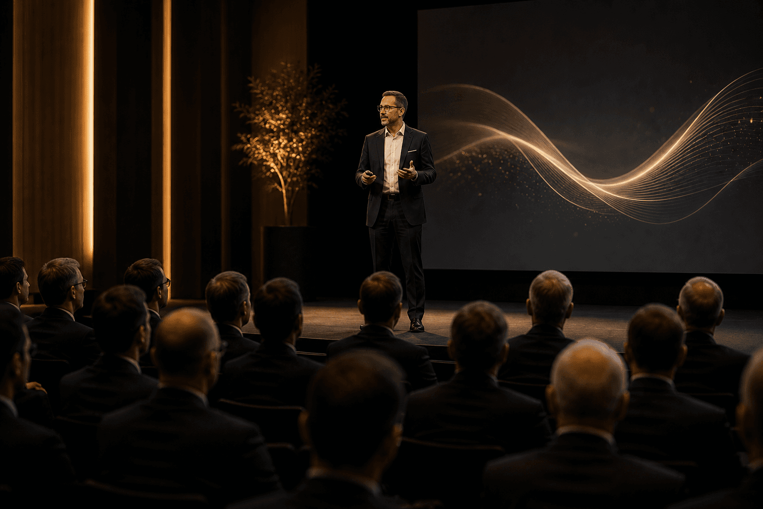 A leadership keynote viewed from the executive audience